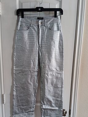 Naked Wardrobe Silver Croc Embossed Faux Leather Sculpting Pants XS